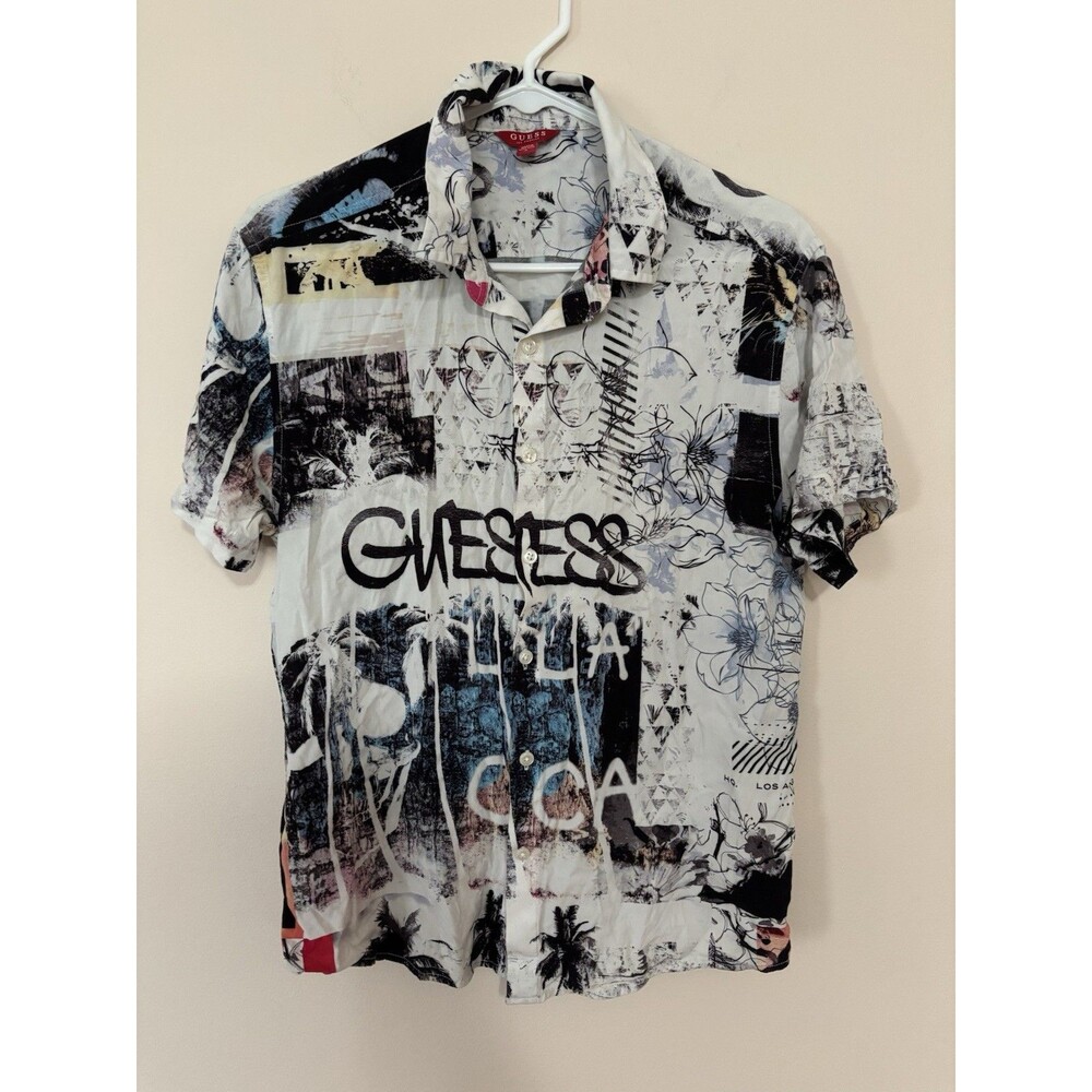 GUESS LA Men’s Small Multicolor Graphic Print Woven Polyester Button-Up Shirt